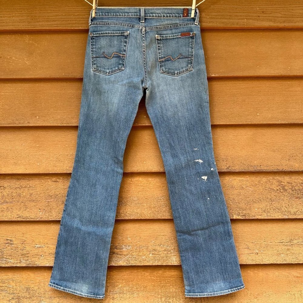 7 for All Mankind Destroyed Bootcut Worked in Low Rise Blue Jeans Size 30 - Picture 6 of 10